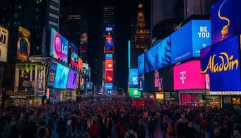 Times Square at night in New York City, illuminated by colorful billboards, neon lights, and bustling crowds of people and cars.