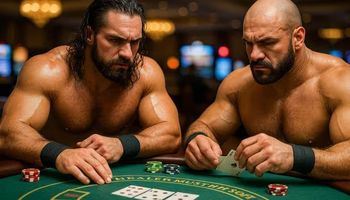 Two muscular professional wrestlers seated at a blackjack table, focused on their cards under moody casino lighting.
