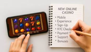 Trying new online casinos on a smartphone while writing notes in a notebook titled “New Online Casino,” highlighting key points like mobile experience, sign-up, KYC, payment speed, support, and bonuses.