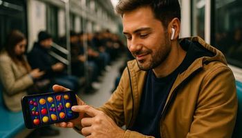 An image showing a person trying a new online casino on their smartphone while traveling on a train.
