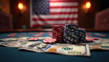 US gambling, image of poker table with chips and money, US flag background