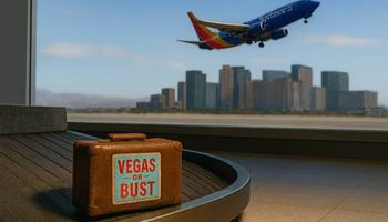 A vintage brown leather suitcase with a “Vegas or Bust” sticker lies unclaimed on a baggage carousel, with a plane taking off over the Las Vegas skyline visible through the large airport window.