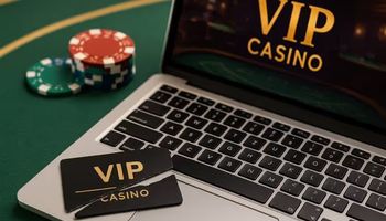 A laptop on a blackjack table next to scattered casino chips and a cut-up black VIP card, with an online casino screen in the background.