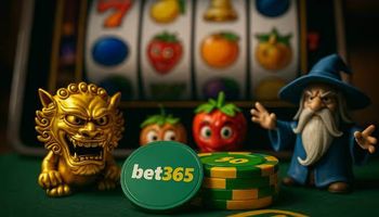 A realistic close-up of a casino-themed scene featuring spinning slot reels on a screen, branded green and yellow poker chips, and Wazdan-inspired characters.