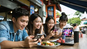 ผู้เล่นใช้สมาร์ทโฟนเล่นเกมโซเชียลคาสิโน พร้อมชิปเสมือนและกราฟิกคาสิโนดิจิทัลบนหน้าจอ