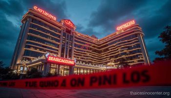 Exterior of a casino building at night in Southeast Asia with neon signs and red warning tape in the foreground