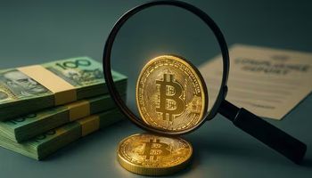 Photo-realistic image of a Bitcoin coin under a magnifying glass beside stacks of Australian hundred-dollar notes and a blurred compliance report, symbolising AUSTRAC’s scrutiny of crypto transactions.
