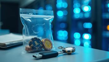 Casino chips sealed in an evidence bag beside a fractured USB drive on an institutional desk, representing a cybersecurity breach of a gambling regulator