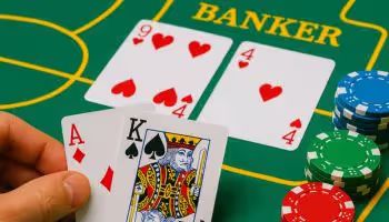 Player holding cards at a baccarat table with chips and banker cards visible
