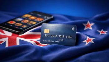 Credit card in focus on a New Zealand flag with a mobile casino screen blurred in the background, illustrating the planned ban on credit card deposits at online casinos
