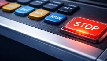 Close-up of pokie machine stop button and control panel with spin and bet button