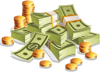 Stacks of cash and gold coins