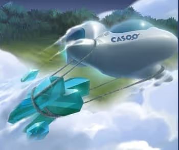 "CASOO" logo above a futuristic vehicle carrying blue crystals