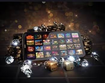 Online casino games on a tablet surrounded by diamonds, gold coins, and dice