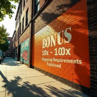 Street wall mural showing the text bonus 10x–100x wagering requirements explained
