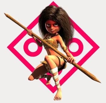 Cartoon woman in tribal attire holding a spear, against a pink diamond shape