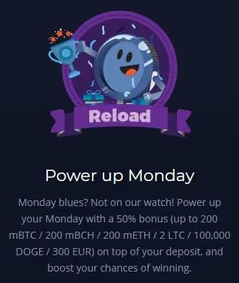 mBit Casino's 'Power up Monday' reload bonus promotion with a winning coin