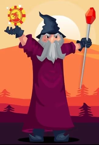 Cartoon wizard holding a casino chip and a staff