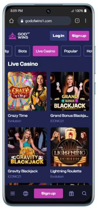 god of wins live casino mobile