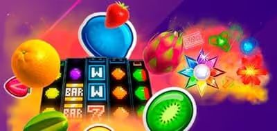 Colorful slot game with fruits and "BAR" symbols