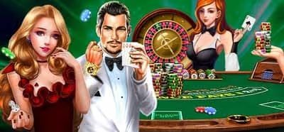 Illustrated casino scene with people, roulette, cards, and chips