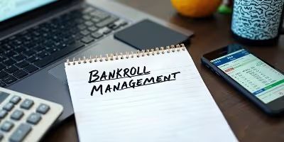 Laptop, phone and note pad with Bankroll management written on it.