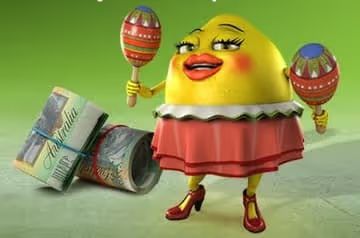 Cartoon yellow skin holding maracas, wearing a red skirt and shoes, with Australian currency in the background
