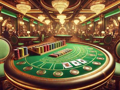 Luxurious Baccarat table with green felt, gold trims, and neatly arranged chips, set in an elegant casino with chandeliers and refined decor.