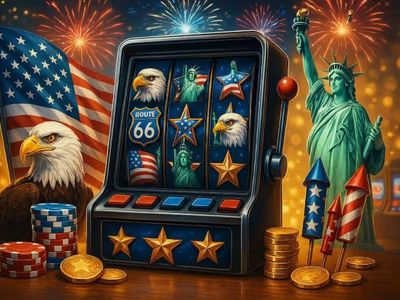 Photorealistic 4th of July-themed casino scene with slot machine, American flag, fireworks, Statue of Liberty, bald eagle, and poker chips.