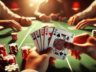 Close-up of a poker game with cards and chips on a green felt table in a casino setting.
