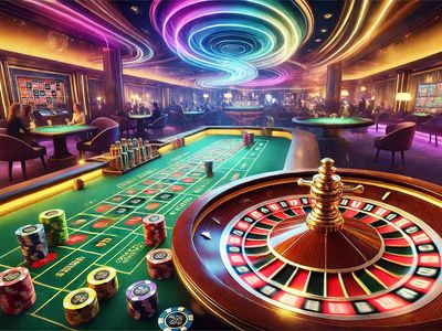 Modern casino setting featuring a detailed roulette table with a spinning wheel, colorful chips, and ambient lighting creating a vibrant atmosphere.