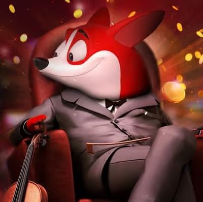 Cartoon red fox-like character in a suit, holding a violin