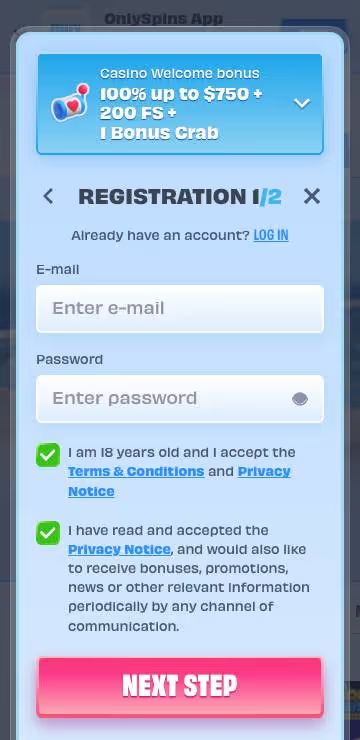 OnlySpinsCasino registration screenshot