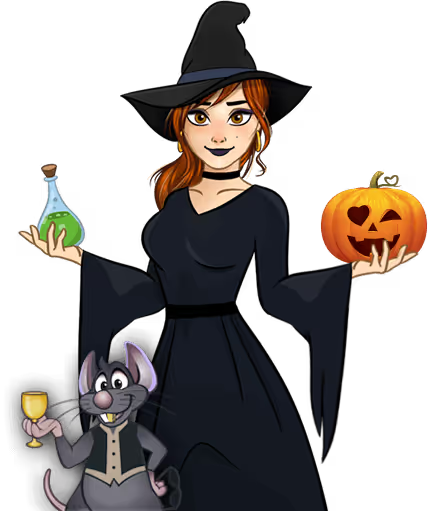 Cartoon witch holding a potion and a jack-o'-lantern with a mouse