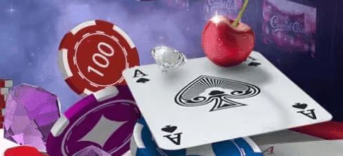 Ace of spades with casino chips, a diamond, and cherries