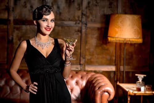 vamp lady with red lips posing with glass cocktail restaurant elegant rich lady black dress posing with her hand hip wealth concept 1