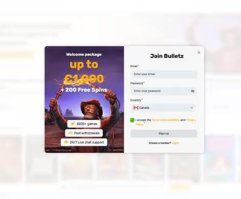 Bulletz Casino signup desktop screenshot