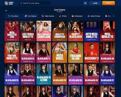 OnlyWin Casino live games screenshots