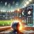 Realistic depiction of baseball betting featuring a baseball field under stadium lights, a close-up of a baseball and bat, with digital betting elements like odds and stats overlaying the scene.