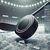 Close-up of a black hockey puck and a hockey stick on a rough icy surface, with subtle betting interface elements in the background."