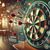 Close-up of a dartboard with darts hitting the bullseye in a warmly lit setting, accompanied by digital betting elements displaying odds.