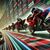 Dynamic scene of multiple motorcycles racing on a curved track, featuring bold red and black designs with motion lines and digital betting overlays showing odds.