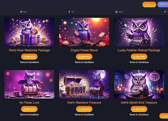 Lucky Owl Club casino promotions screenshot