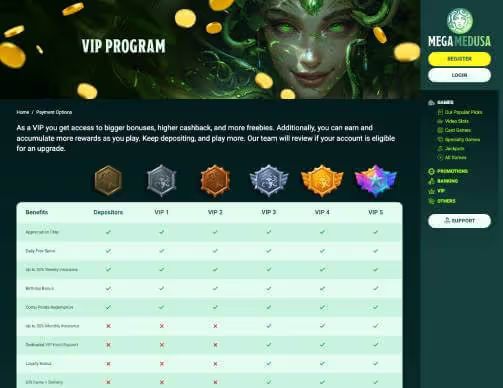 Mega Medusa Casino VIP program screenshot