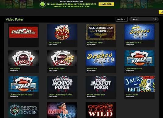 Raging Bull Casino video poker screenshot