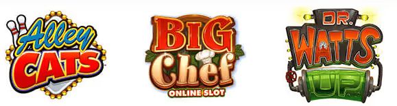 Three online slot game logos: "Alien Cats," "Big Chef Online Slot," and "Hot Hot Fruits Up."