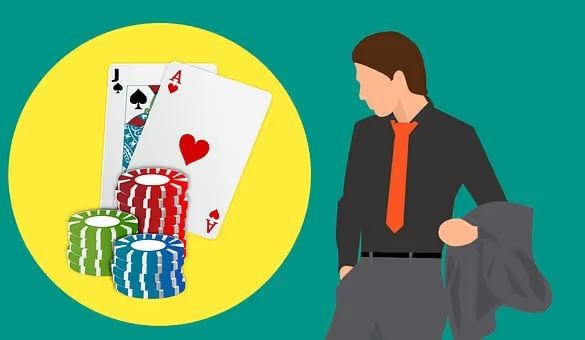 Stylized image of poker cards, chips, and a player