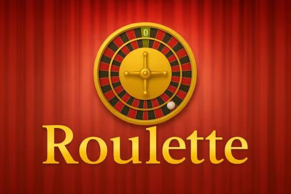 roulette wheel on red background with text in gold