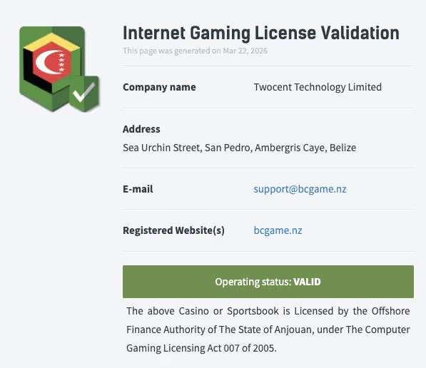 BCゲーム　ライセンス