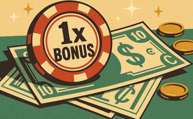 Mid-century modern illustration of a vintage-style casino bonus chip and cash, symbolizing low wagering casino offers.